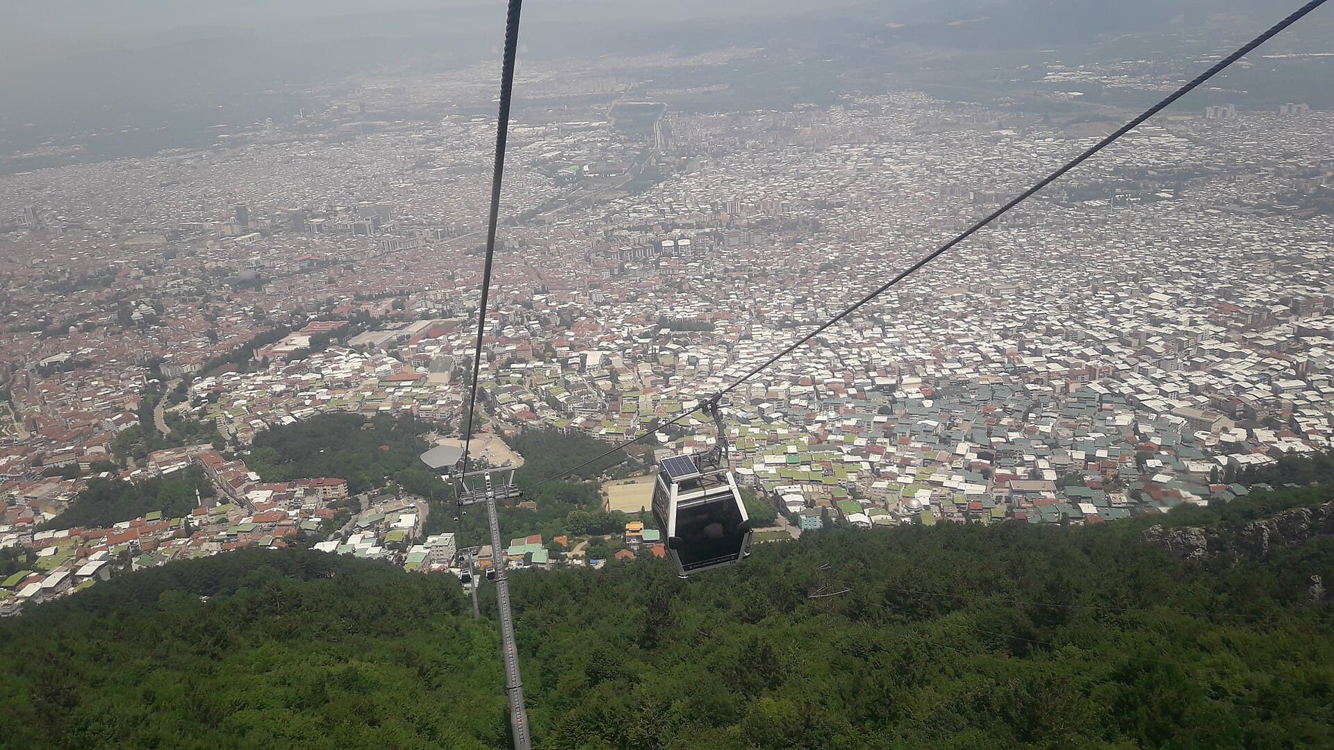 Uludağ cable car gondola cabin on the ropeway high above Bursa city.