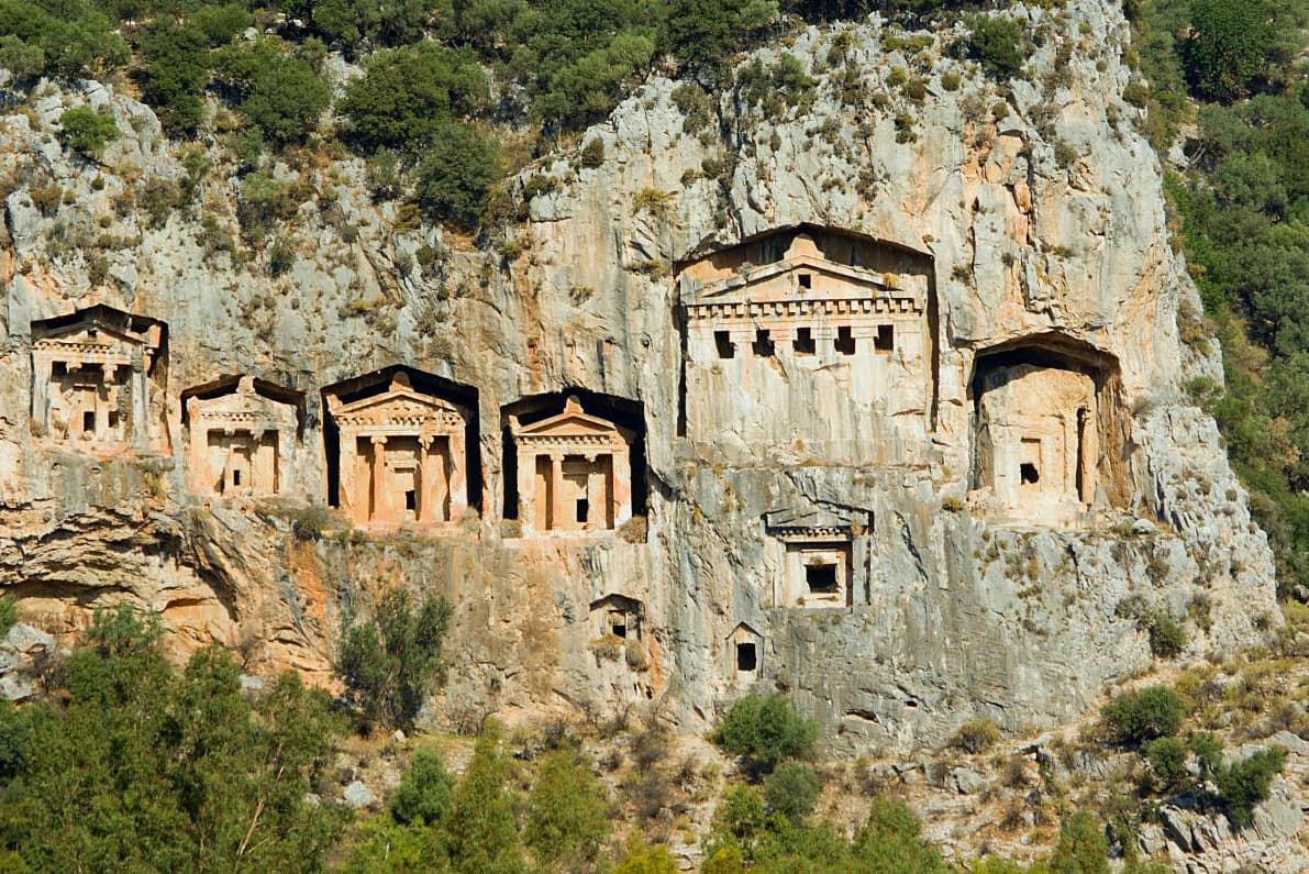 Lycian rock-cut tombs carved into the cliff face above Dalyan.
