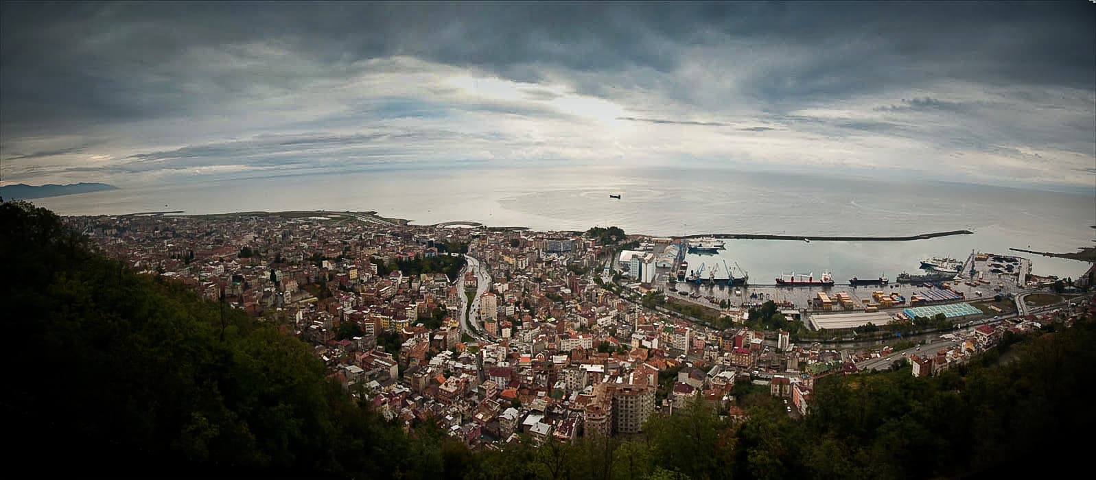 Panoramic view of Trabzon city, harbour and coastline from Boztepe hill.
