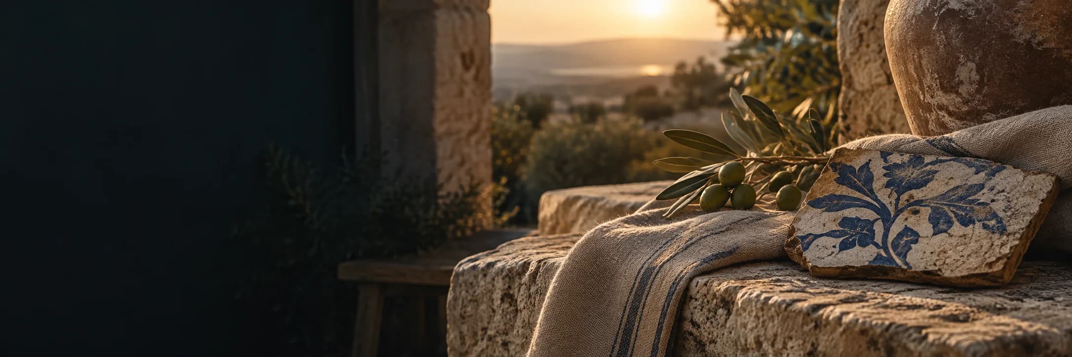 Illustrative still life of a weathered limestone threshold, linen textile, olive branch and blue floral tile fragment with a rural horizon