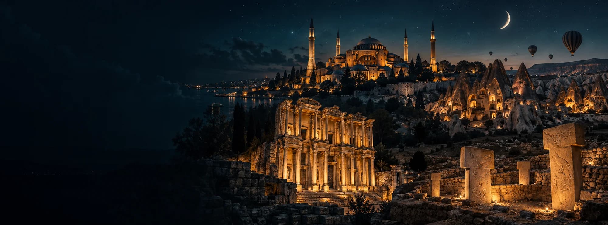 Illustrative night montage of Istanbul, Cappadocia, Ephesus and Göbekli Tepe
