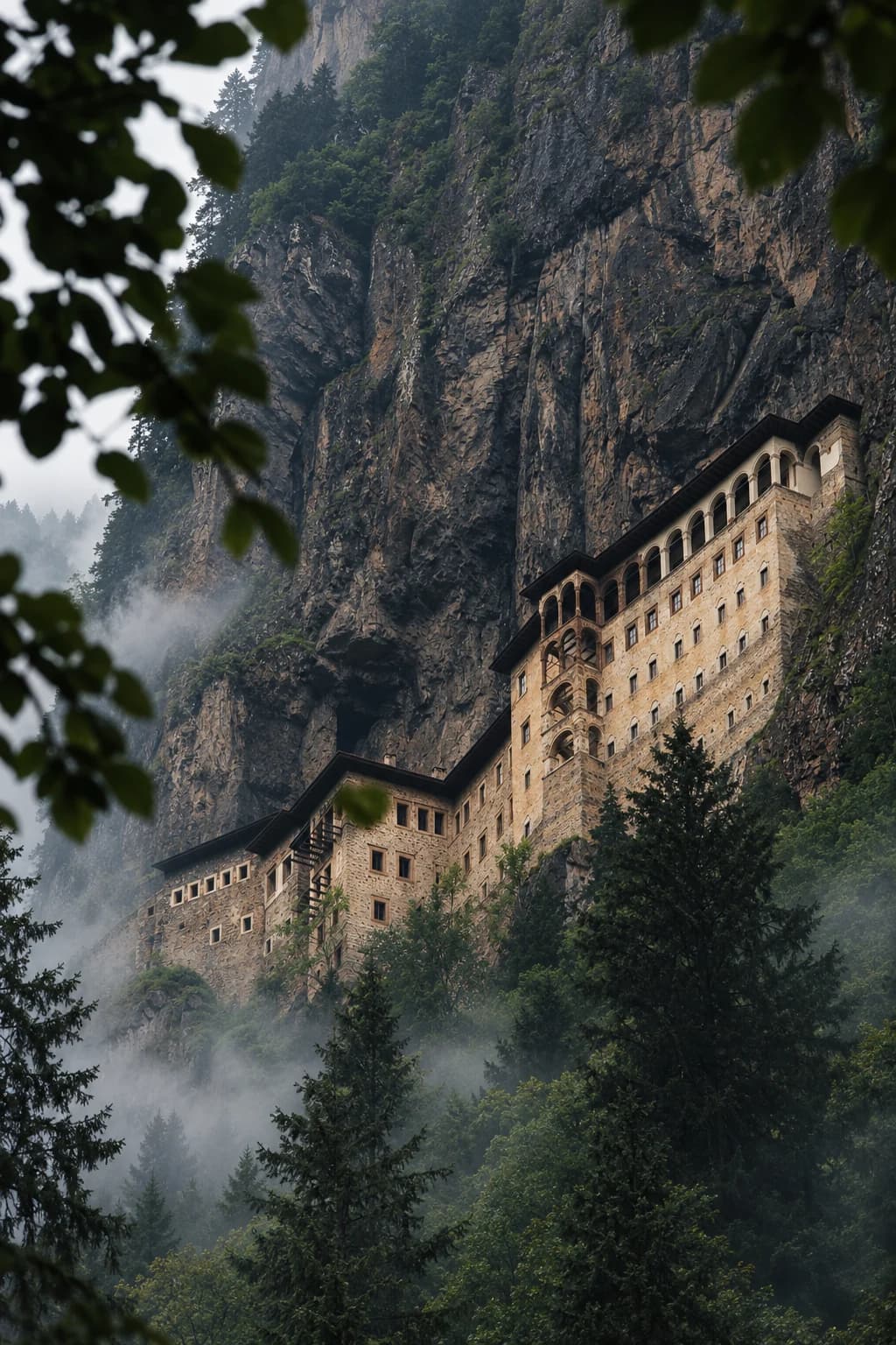 Sümela Monastery set into the rock face, with mist in the forest below