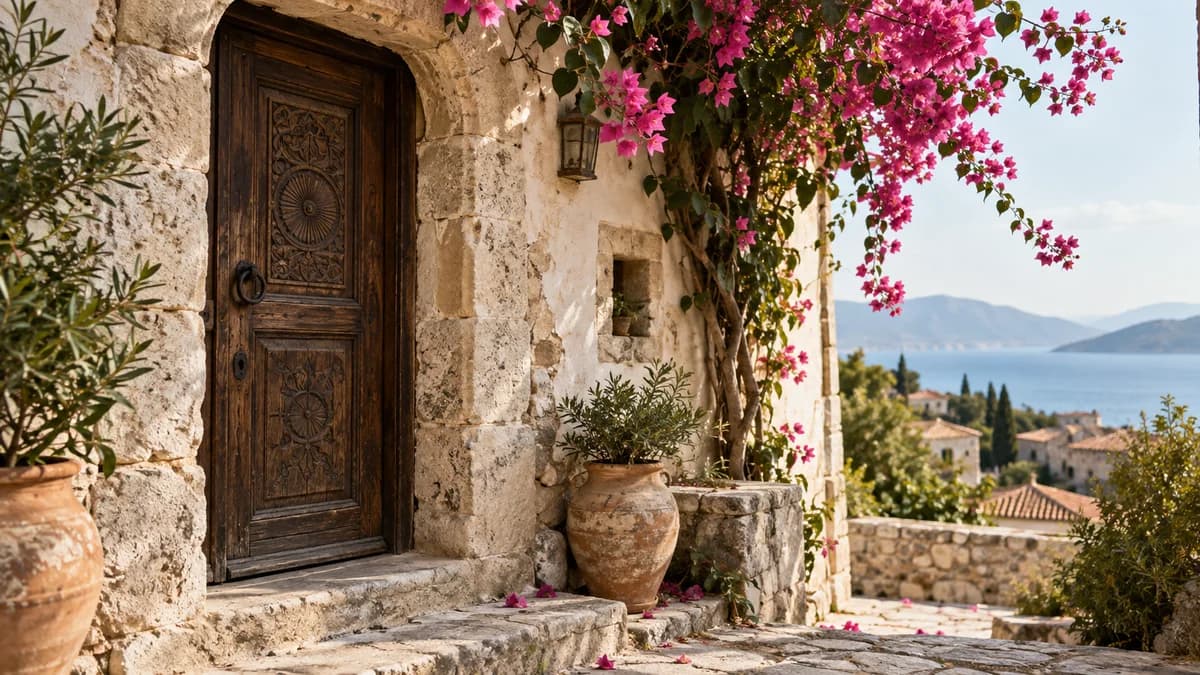 Illustrative Anatolian stone doorway with bougainvillea
