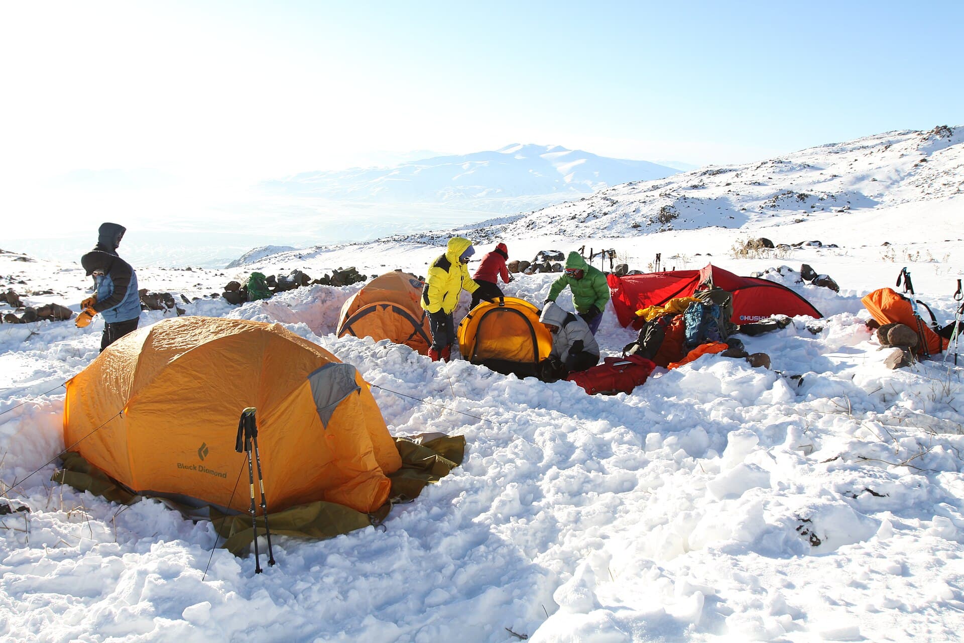 Climbers' tents pitched on the snowy slope of Mount Ararat's high camp