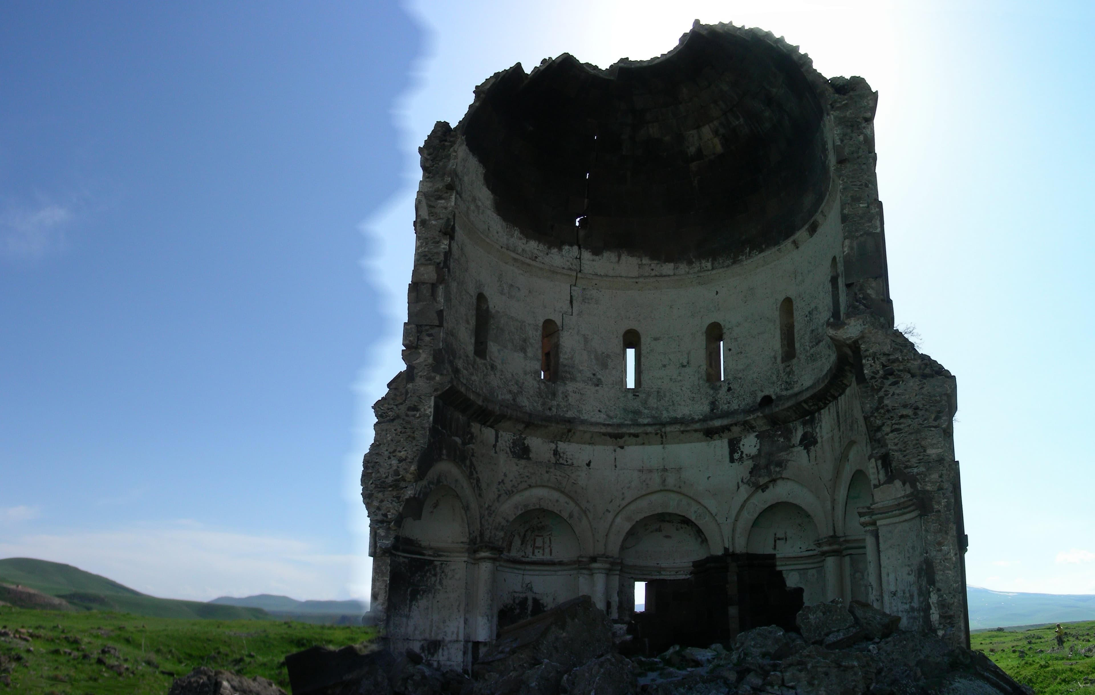 Half-collapsed medieval church at Ani, sliced open to reveal its domed interior