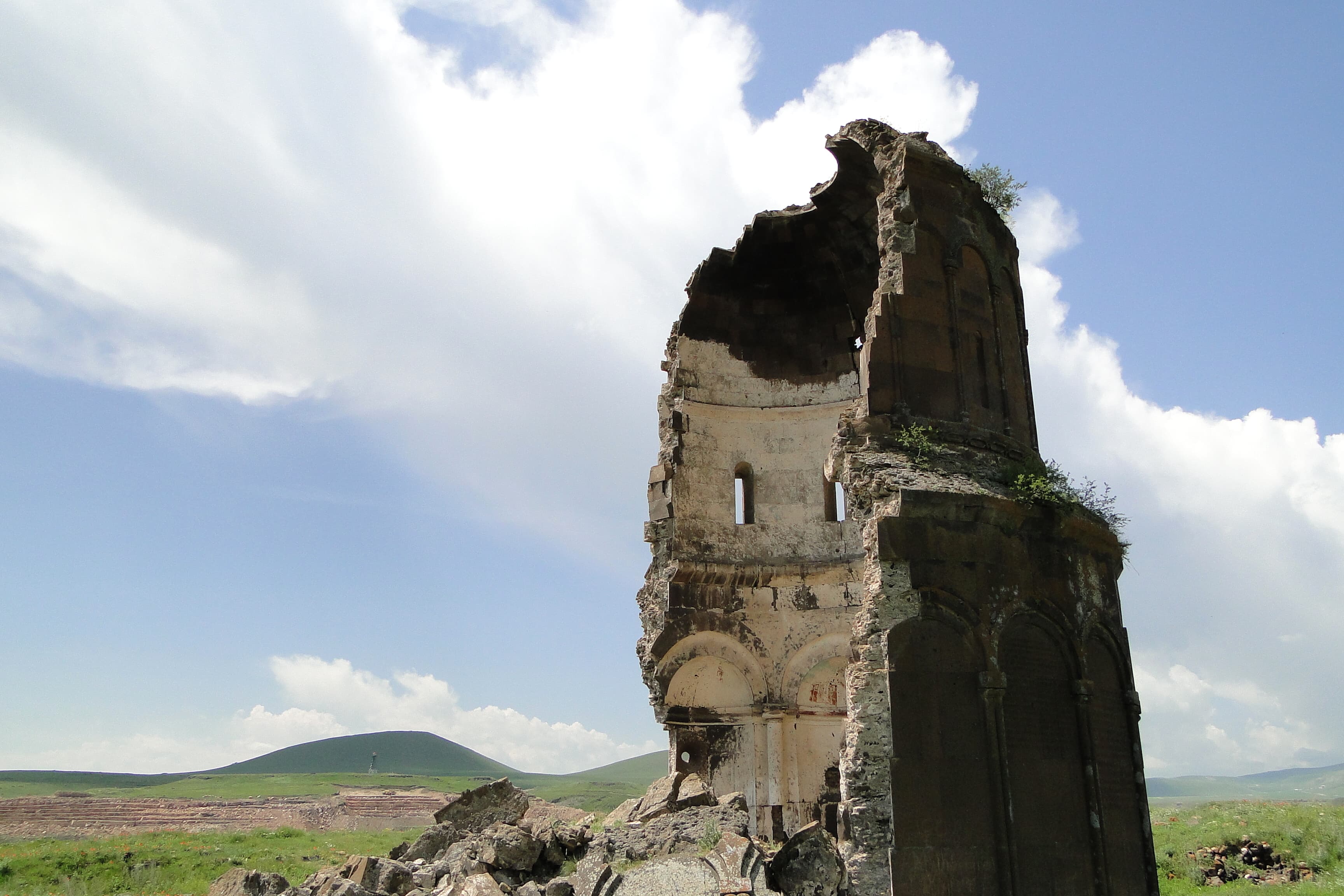 Half-collapsed Armenian church at Ani, cut through to expose dome and arches
