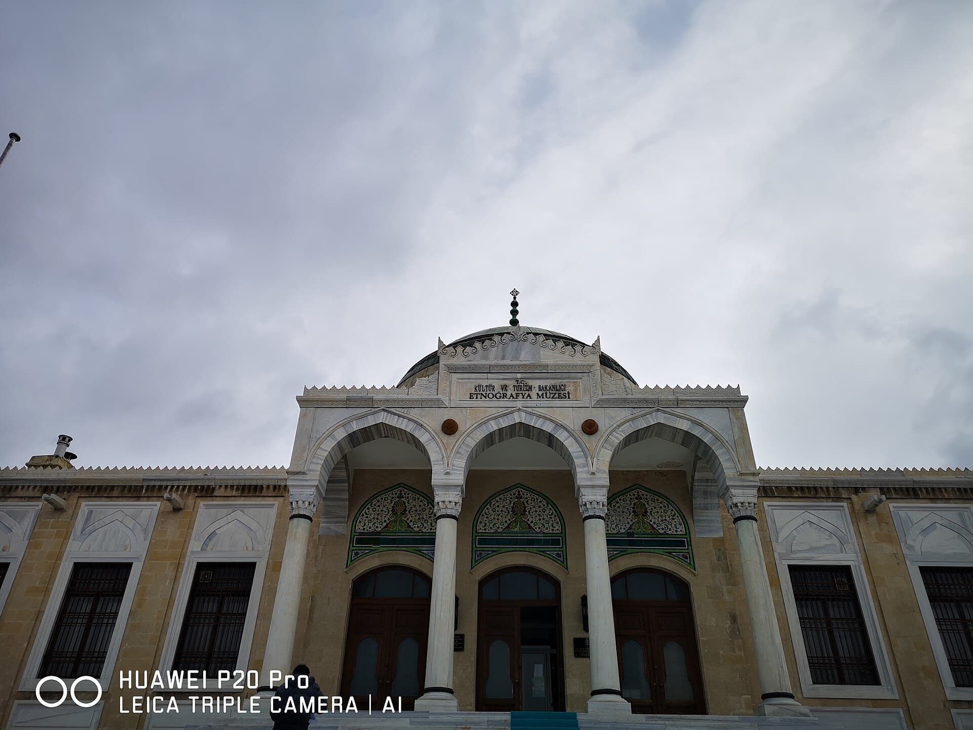 Marble entrance facade of the Ankara Ethnography Museum, domed portico with three arches.
