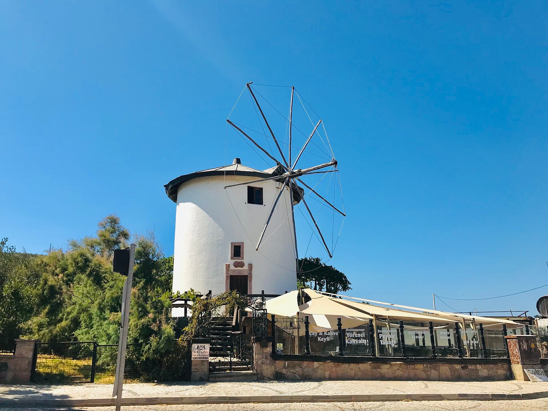 A traditional whitewashed windmill on Cunda Island, Ayvalık.