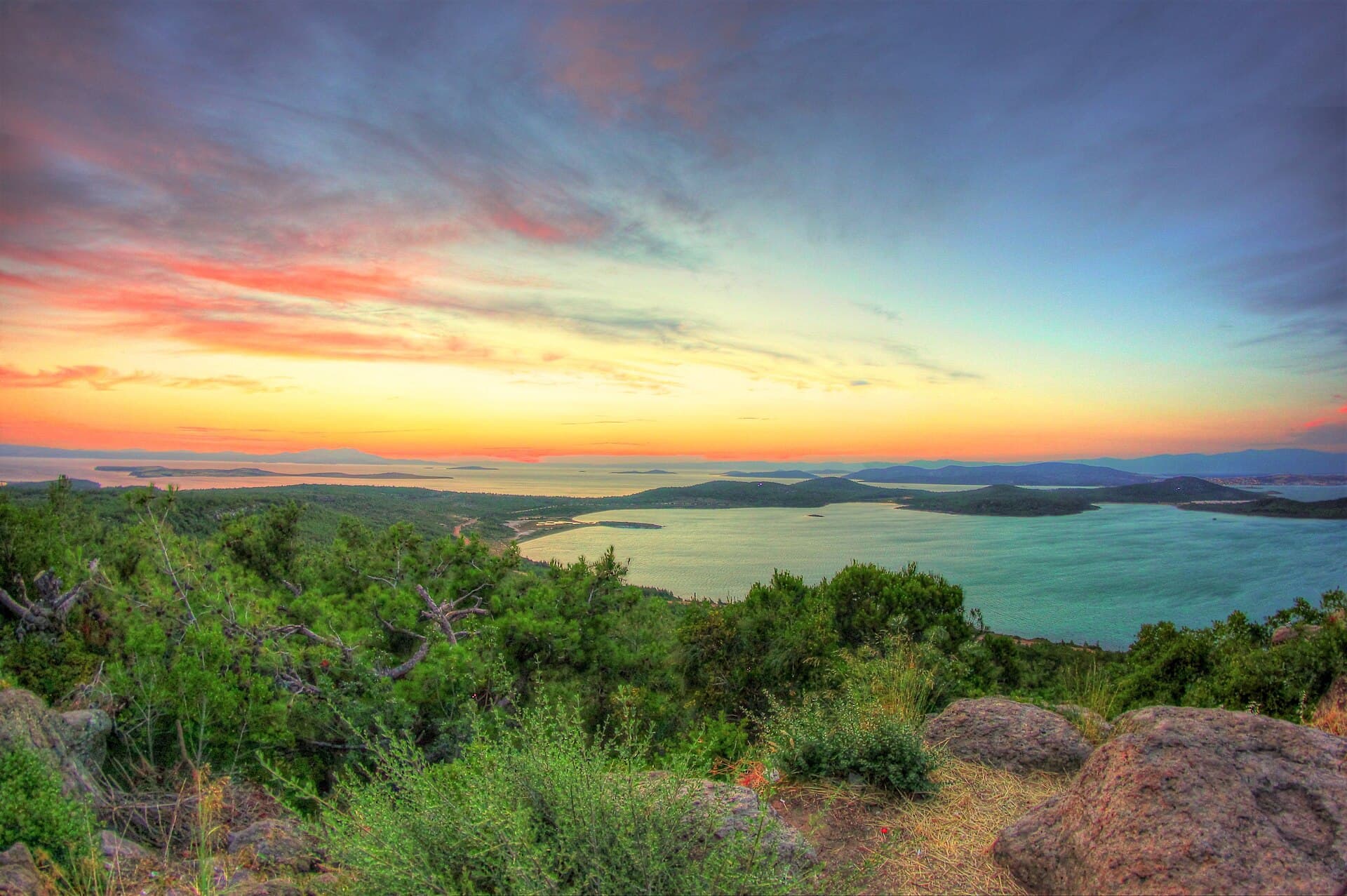 Sunset over the Ayvalık Islands Nature Park, seen from Şeytan Sofrası.