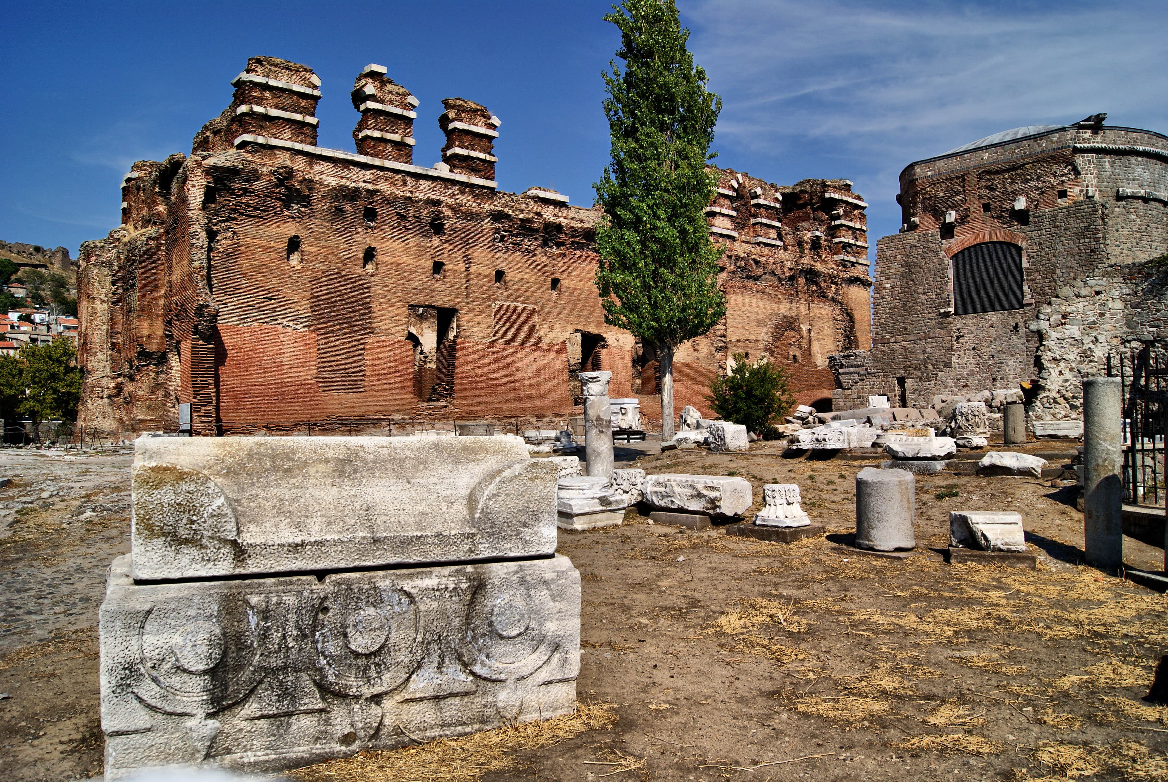 The red-brick walls of the Red Basilica (Kızıl Avlu) in central Bergama.