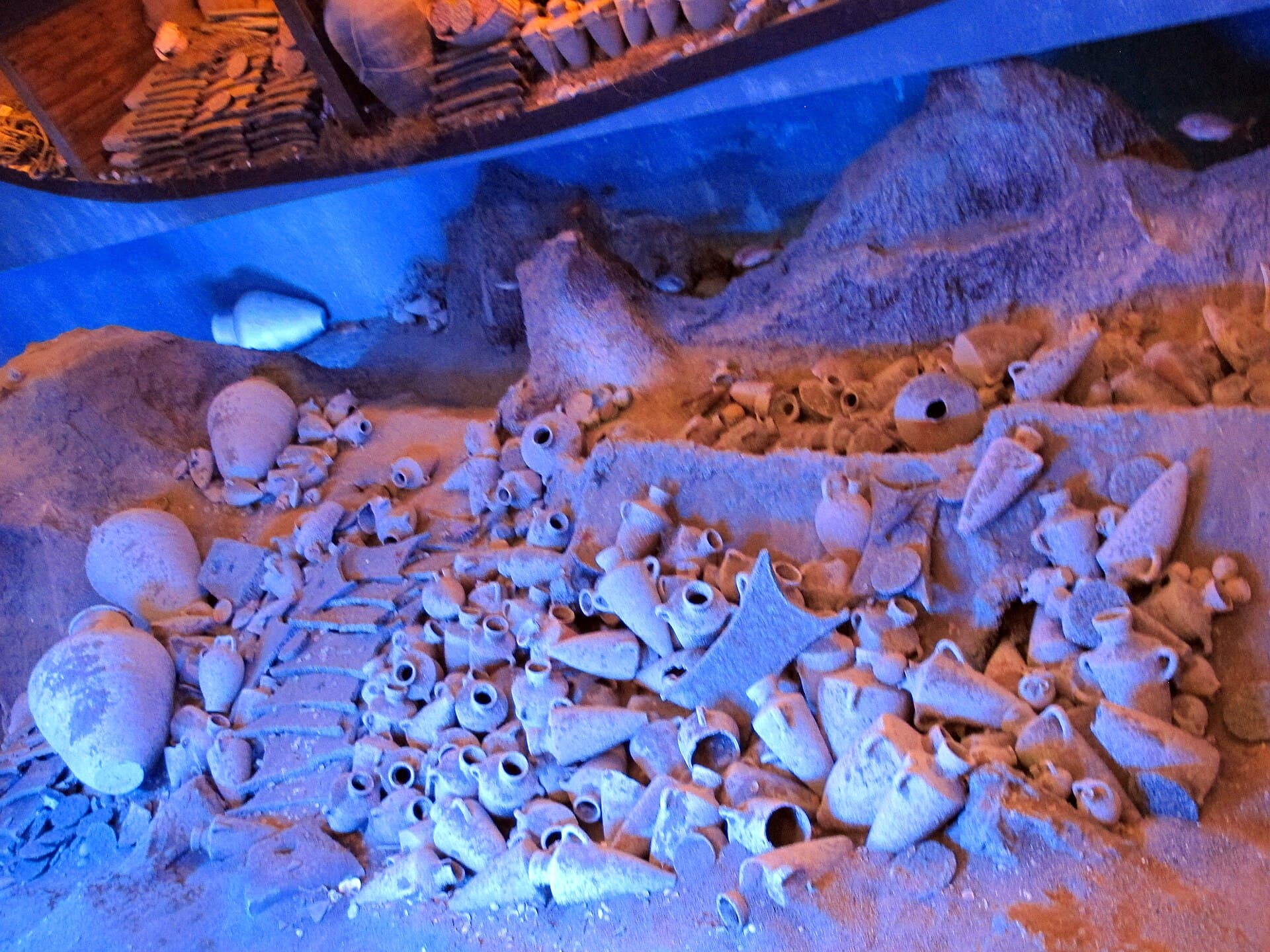 Reconstructed ancient shipwreck hull on display inside Bodrum Castle's underwater archaeology museum.