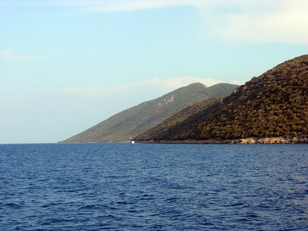 Karaada island near Bodrum seen from the sea, viewed from the west.