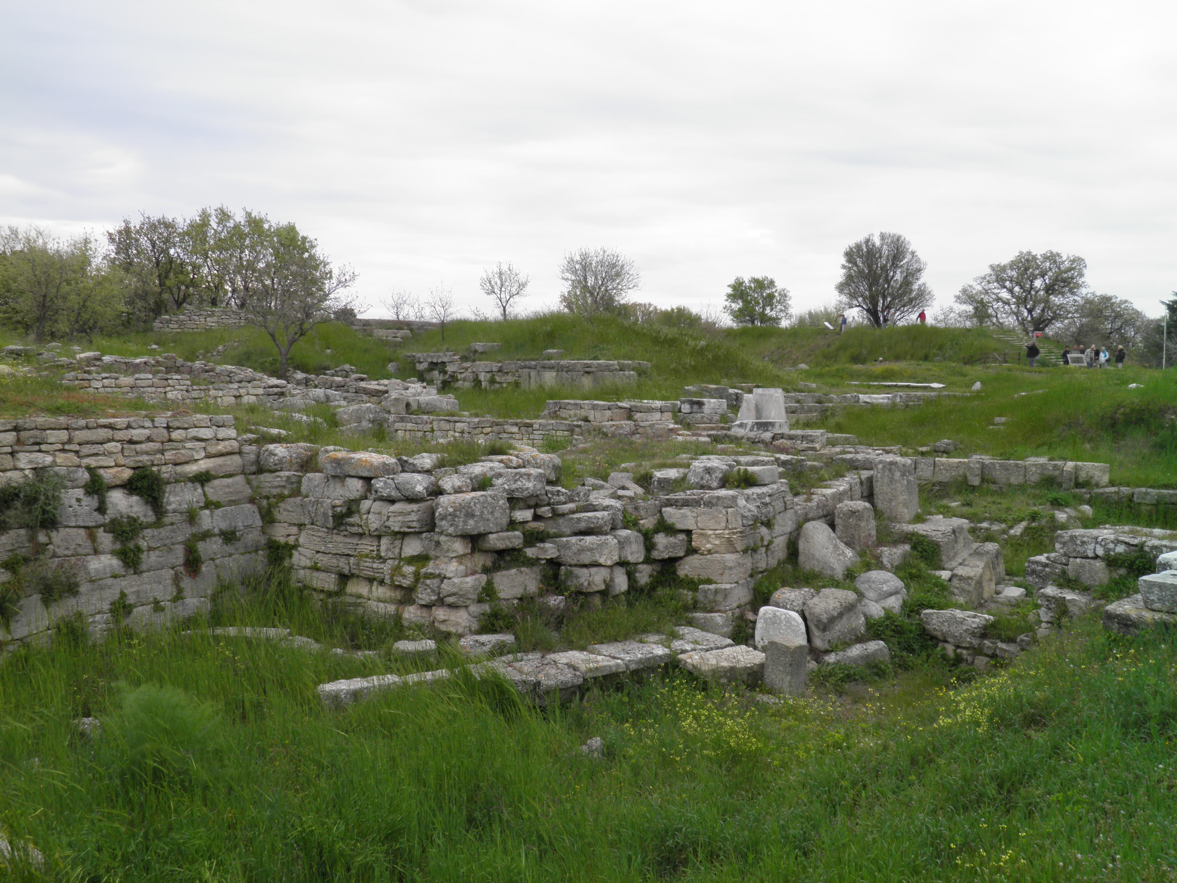 Wide view of Troy's low south gate walls amid open grassy countryside