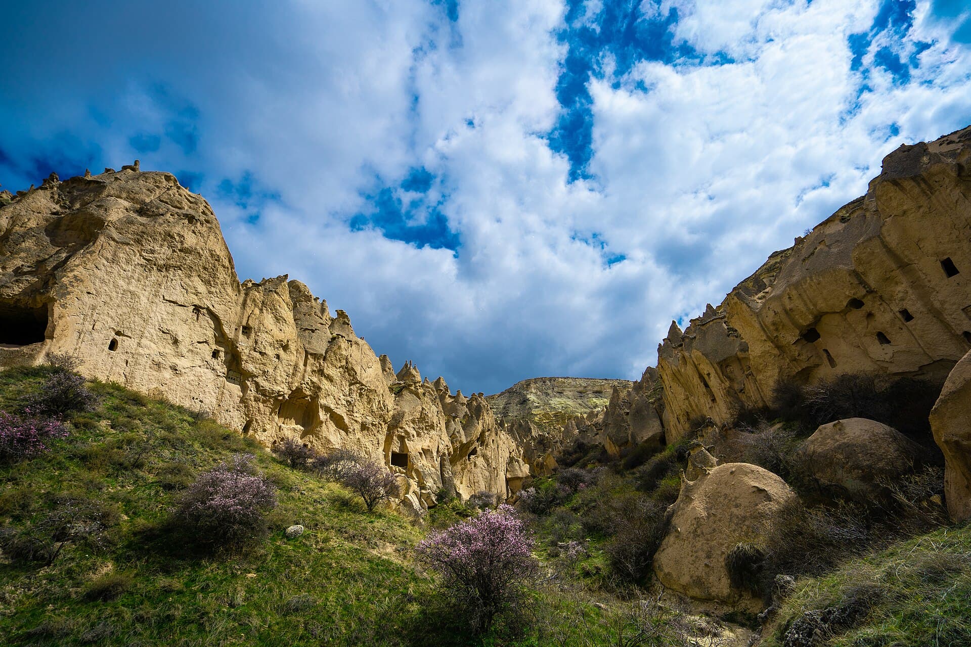 Cliff walls honeycombed with rock-cut cave dwellings in the Zelve valley, Cappadocia