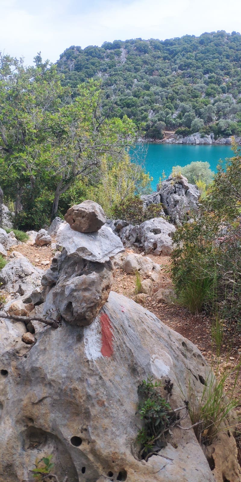Lycian Way trail waymark sign marking the route near Fethiye, Turkey.