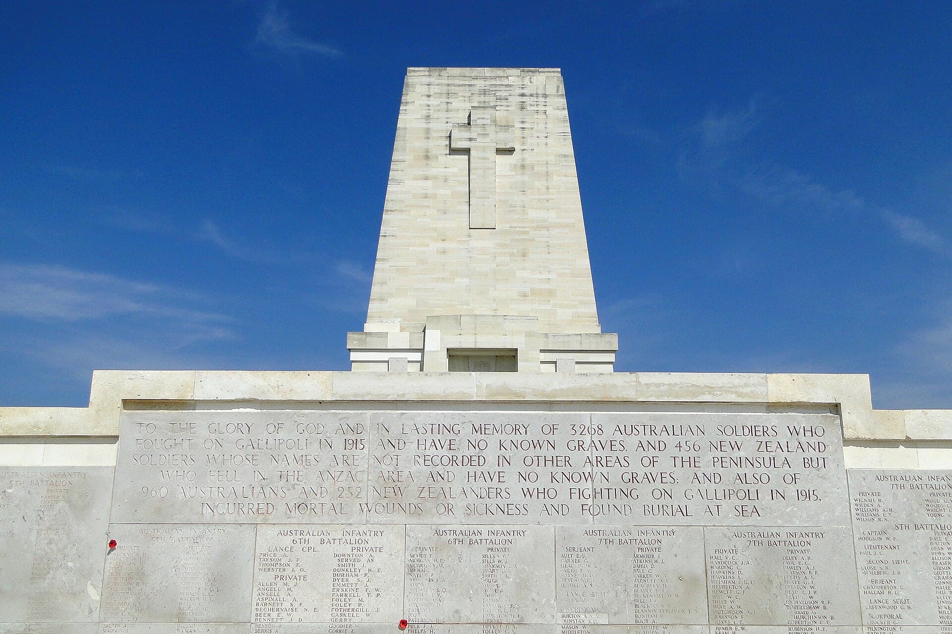 White stone memorial obelisk at Lone Pine Cemetery, Gallipoli