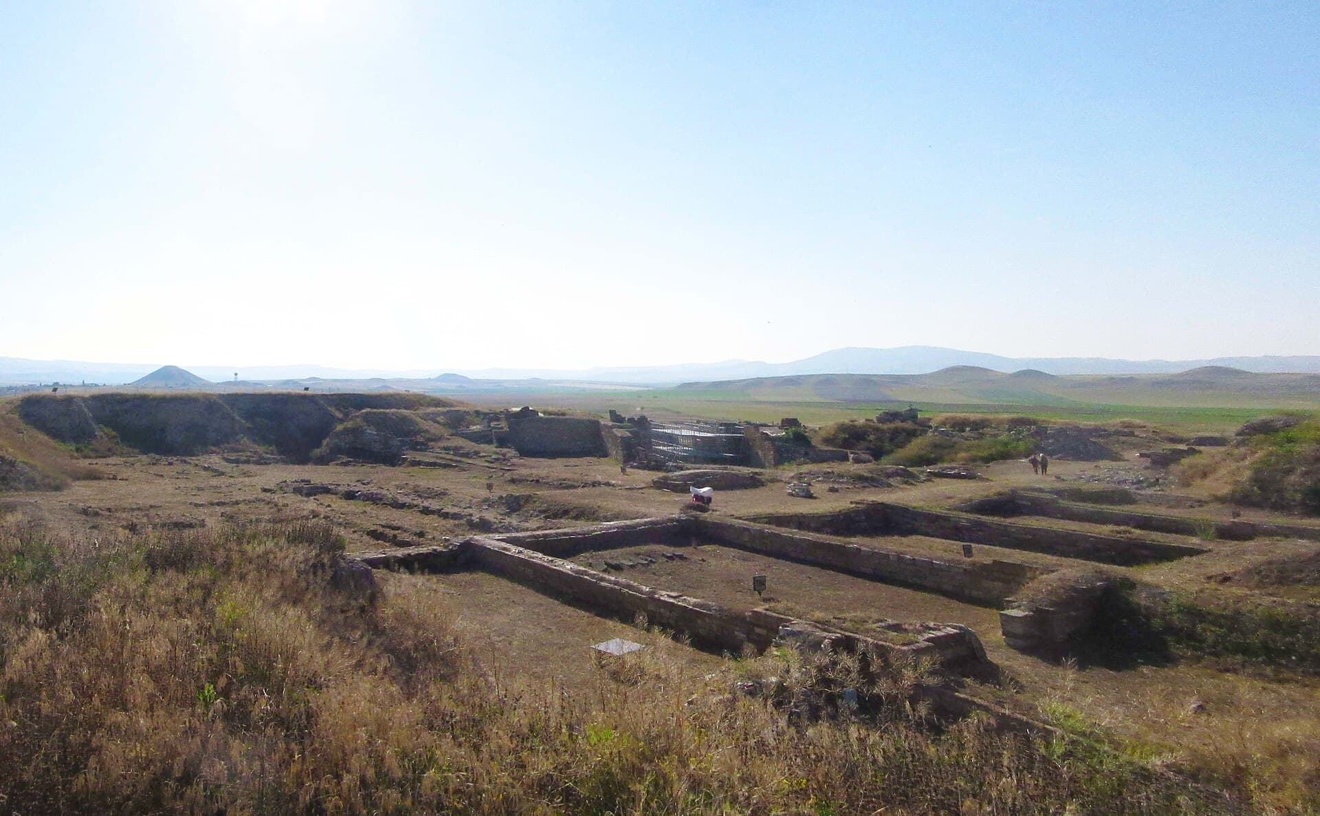 Aerial-level view of Gordion's excavated citadel mound and Terrace Building ruins.