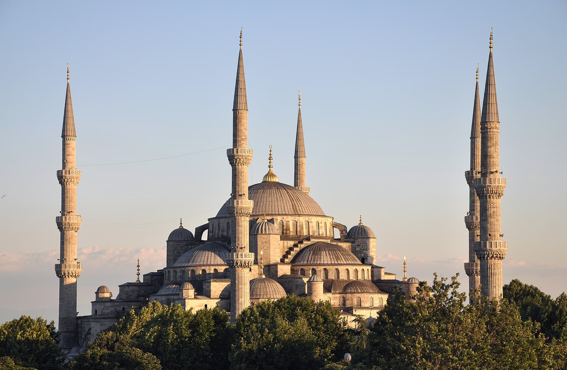 The Blue Mosque's six minarets and cascading domes at golden hour, Istanbul