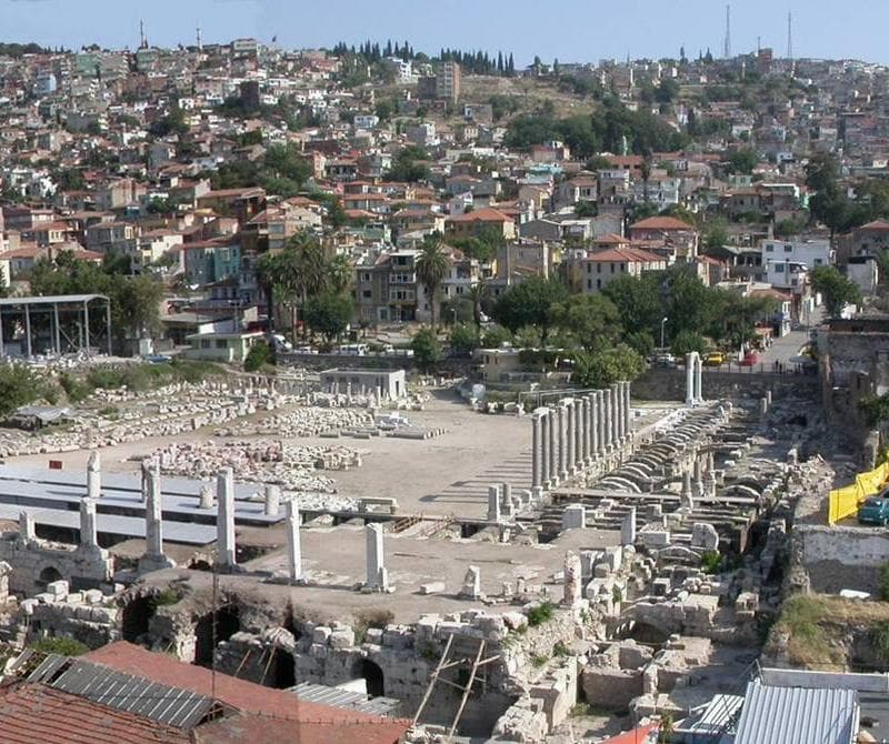 Overall view of the ancient Roman agora of Smyrna's ruined colonnades, İzmir.