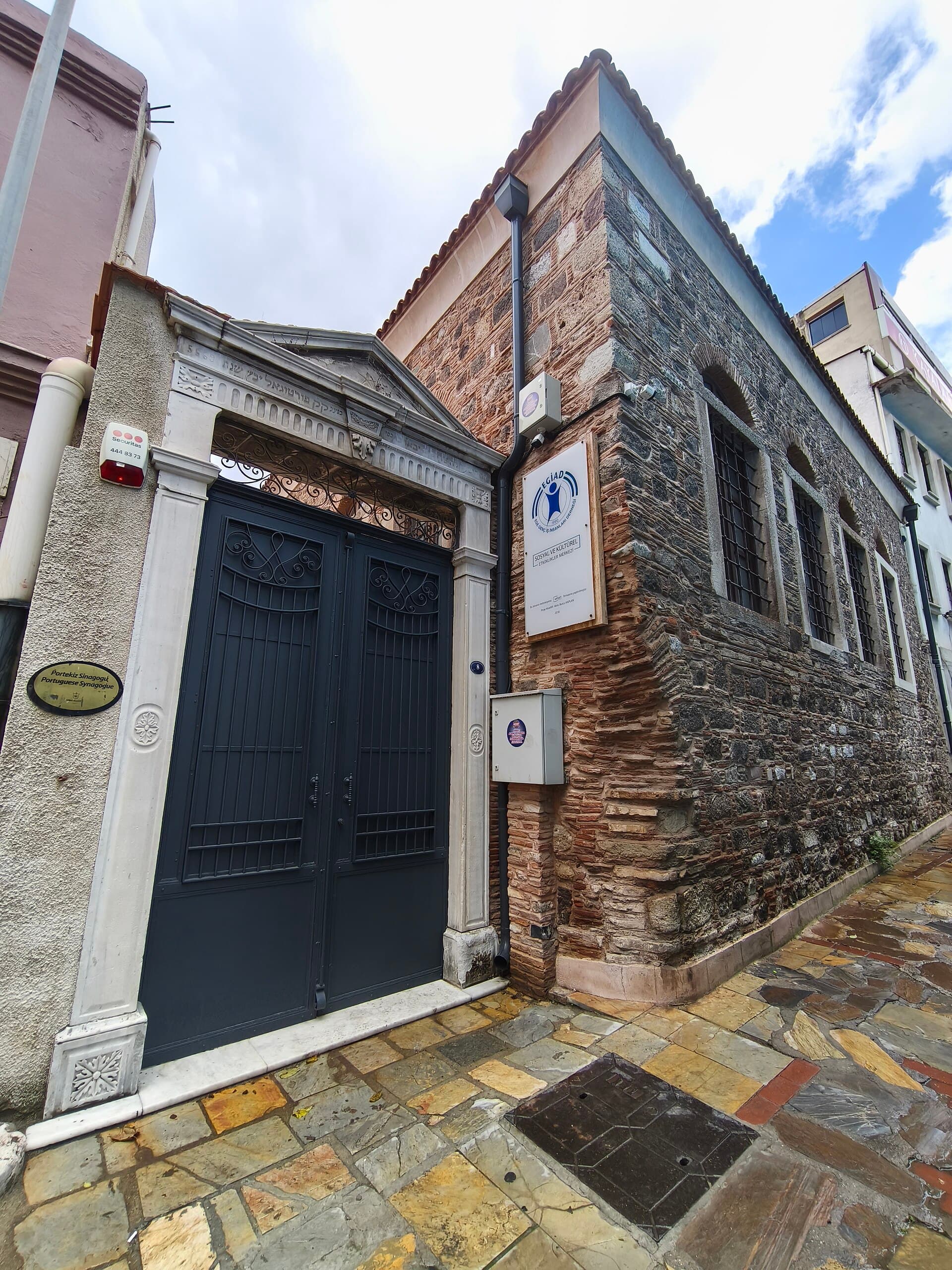 Stone facade of the Portuguese Synagogue on İzmir's historic Havra Sokağı.