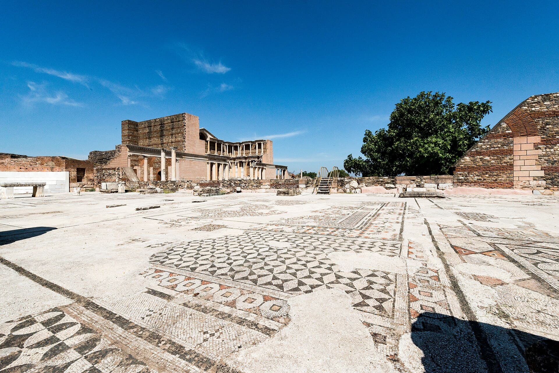 Interior main hall of the ancient Sardis synagogue with marble columns.