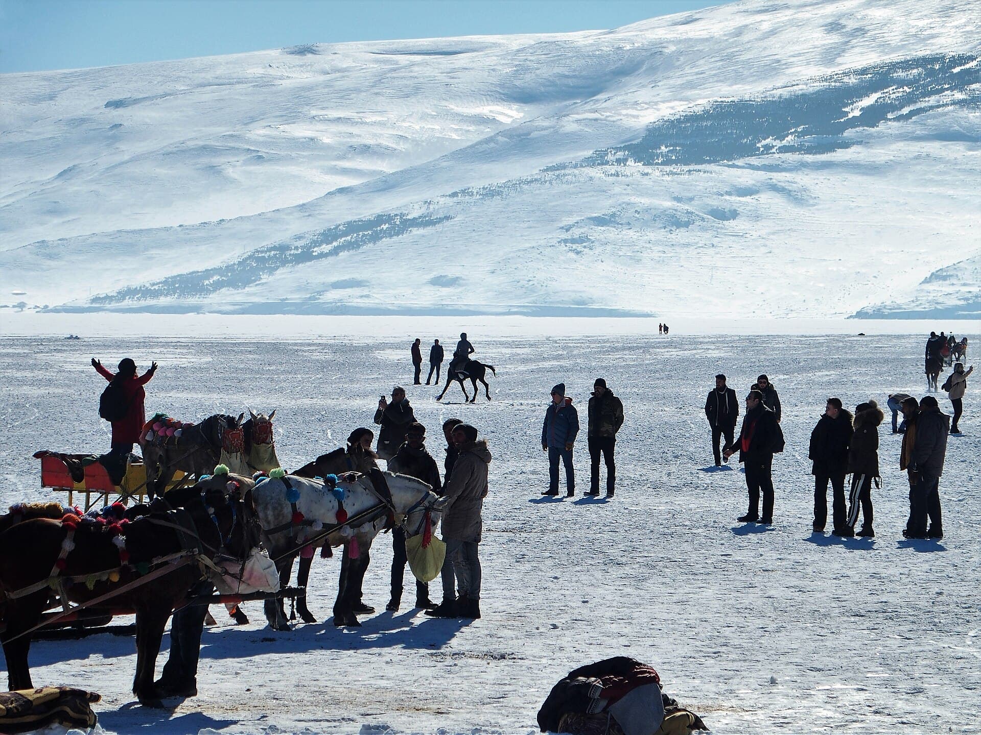 Lake Çıldır frozen solid in wintertime, near Kars.