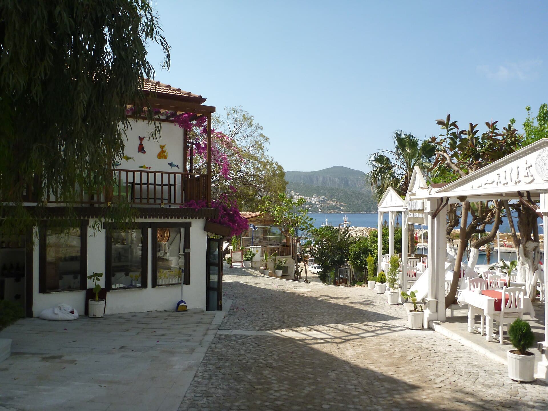A narrow street lined with houses in Kalkan's old town, Türkiye.