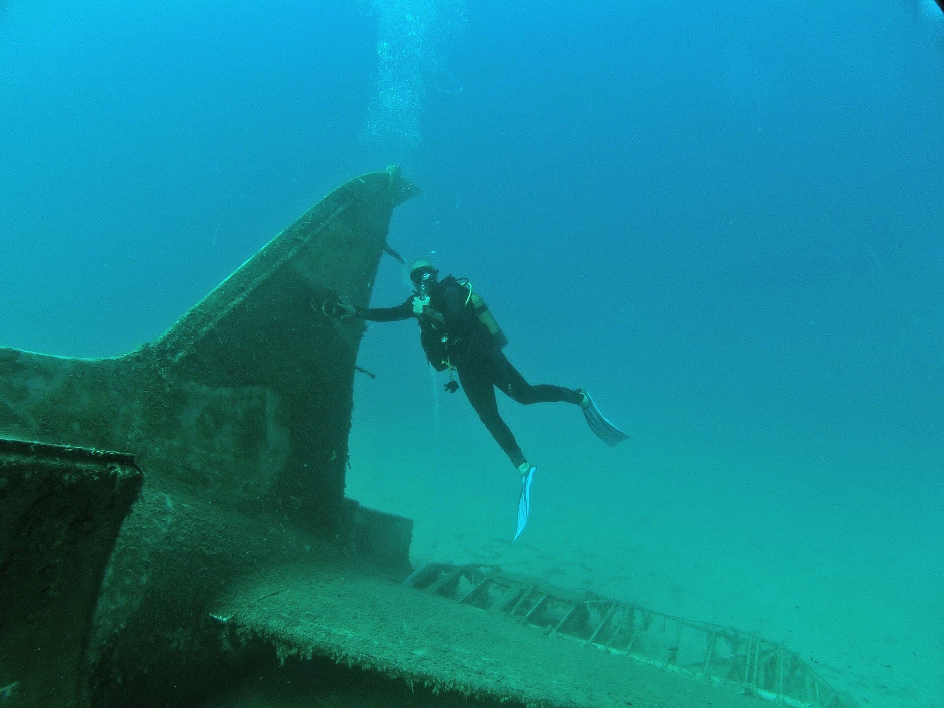 Tail section of the sunken C-47 Dakota wreck dive site near Kaş, Türkiye.