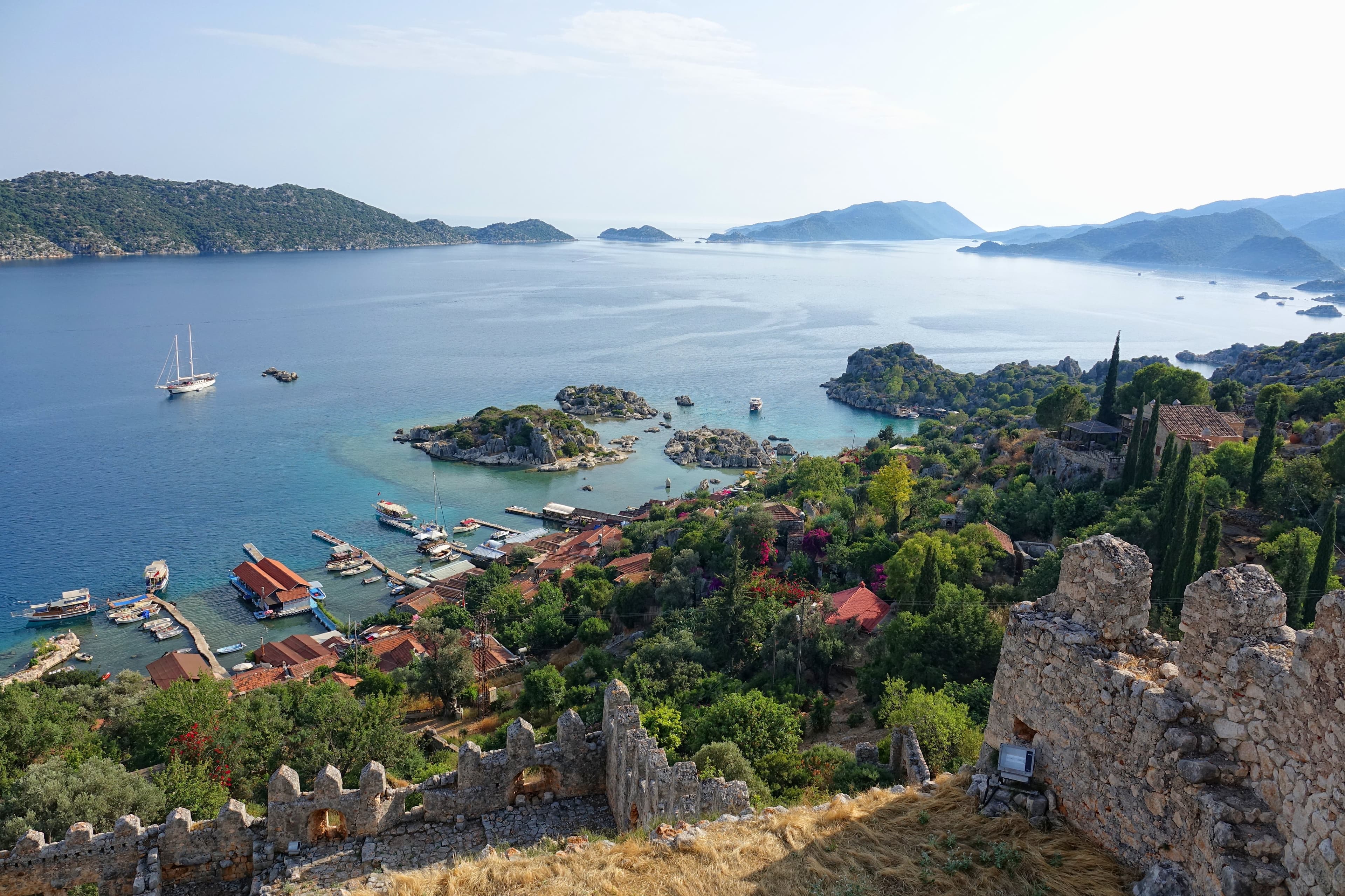 Panoramic view of Kekova island and Kaleköy bay from Simena's hilltop castle.
