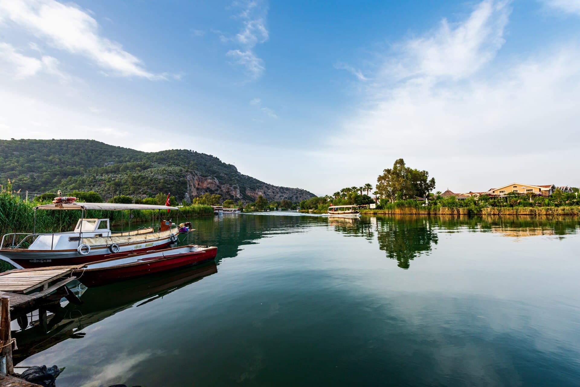 Traditional flat-bottomed boats moored on the Dalyan river near town.
