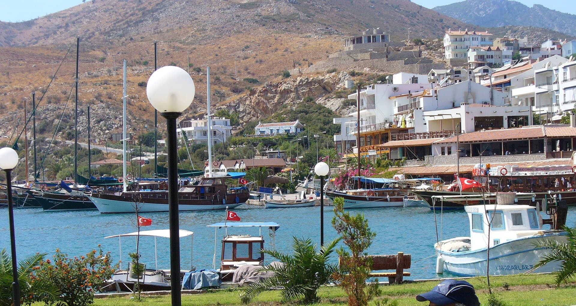 Traditional gulets and fishing boats moored in Datça's working harbour.