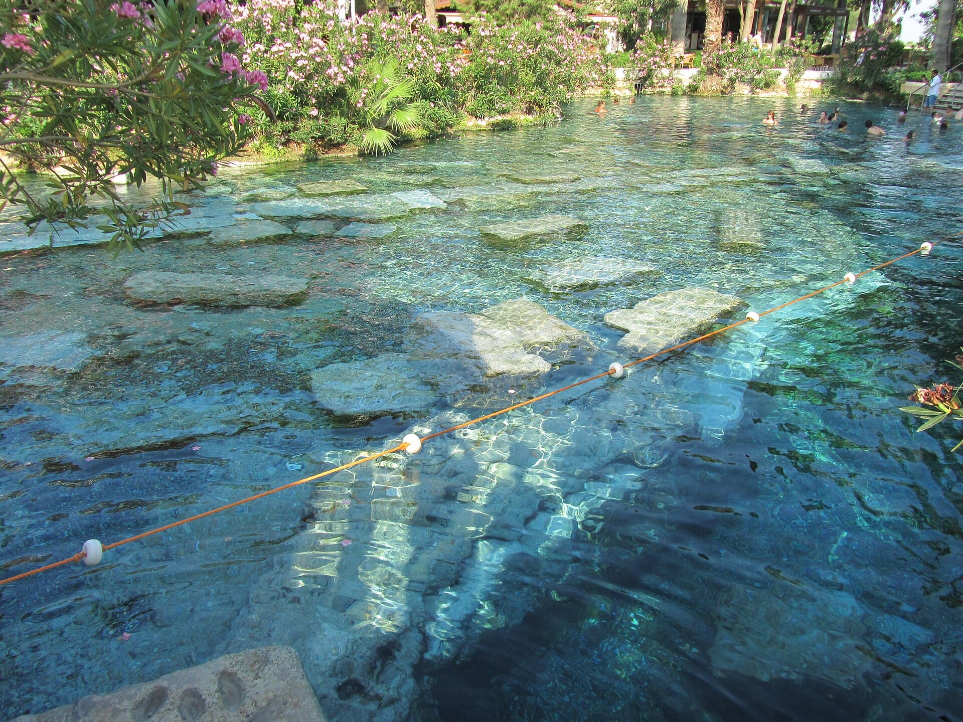 A sunlit fluted marble column lies submerged beneath the rippling blue water of the Antique Pool at Hierapolis, with an orange buoy line crossing the surface, overhanging oleander branches, and swimmers at the far end.