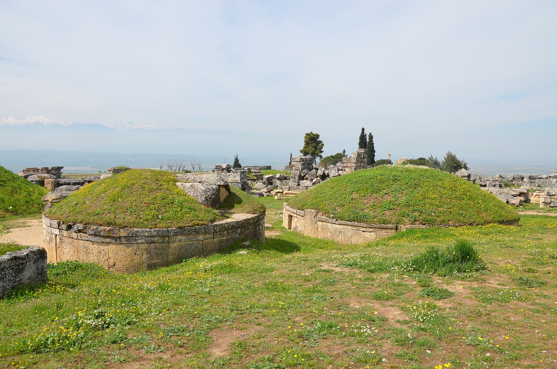 Two circular tumulus tombs in the Northern Necropolis of Hierapolis, their grassy earthen mounds resting on drum-shaped stone bases, with scattered tombs and the hazy Lycus valley plain beyond.