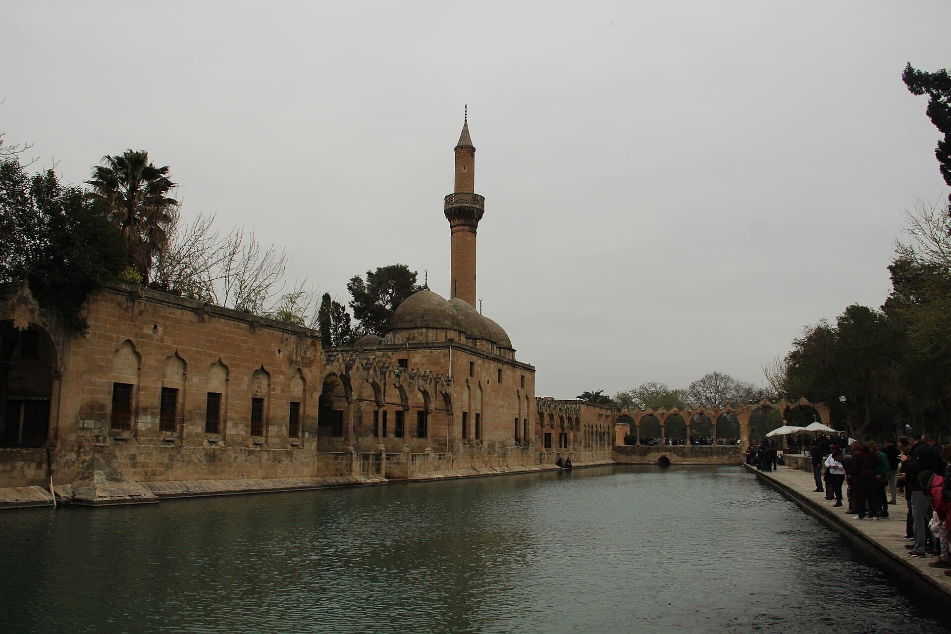 Fish-filled pool at Balıklıgöl with reflected arcades and traditional Urfa architecture.