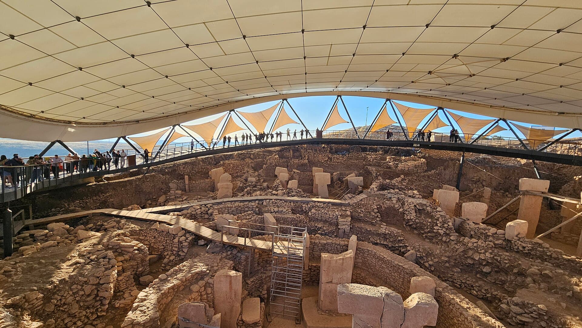 Visitors on the protective roofed walkway overlooking Göbekli Tepe's excavation site.