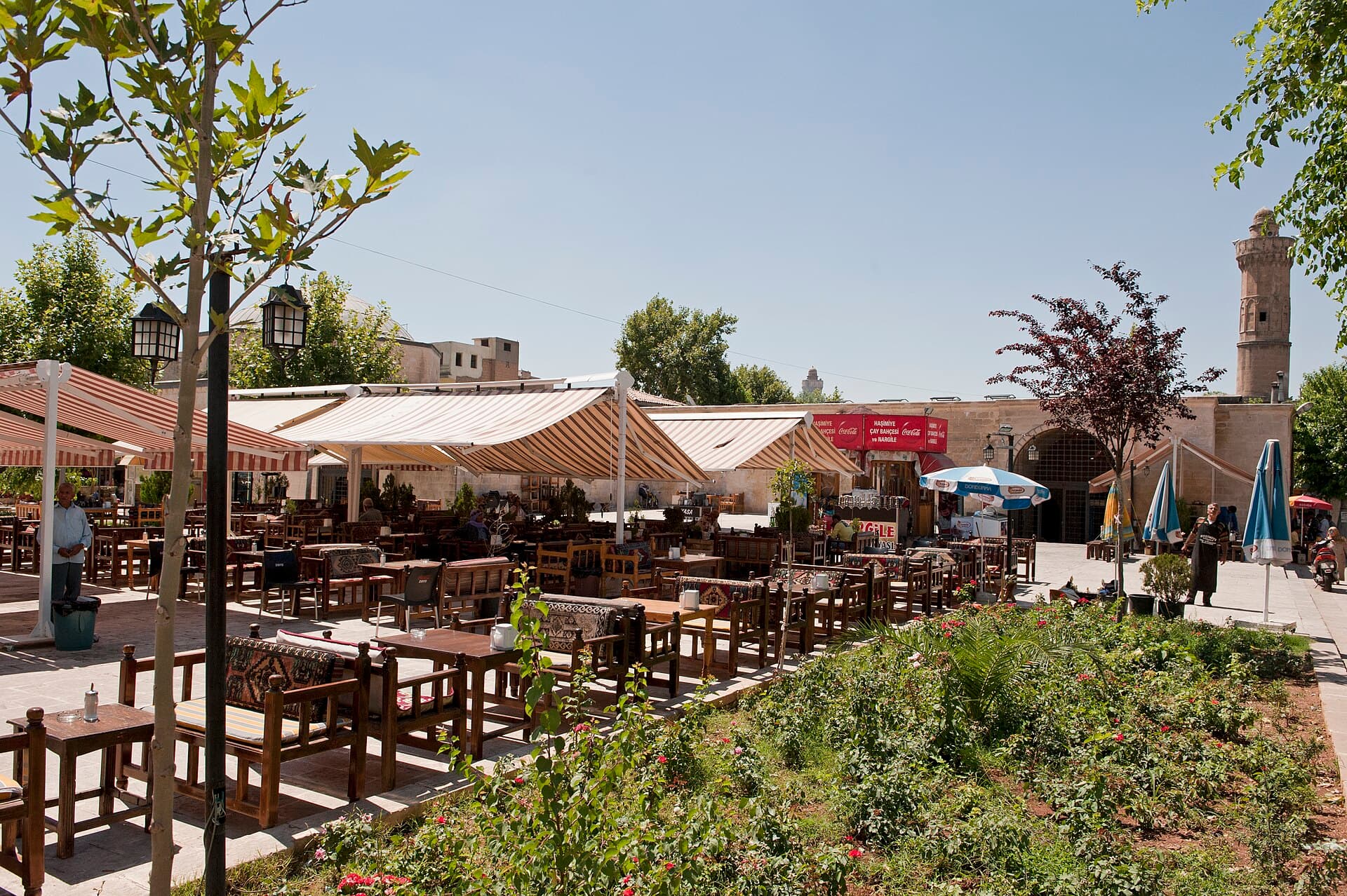 A Şanlıurfa tea garden, a traditional social gathering setting where sıra gecesi evenings are held.