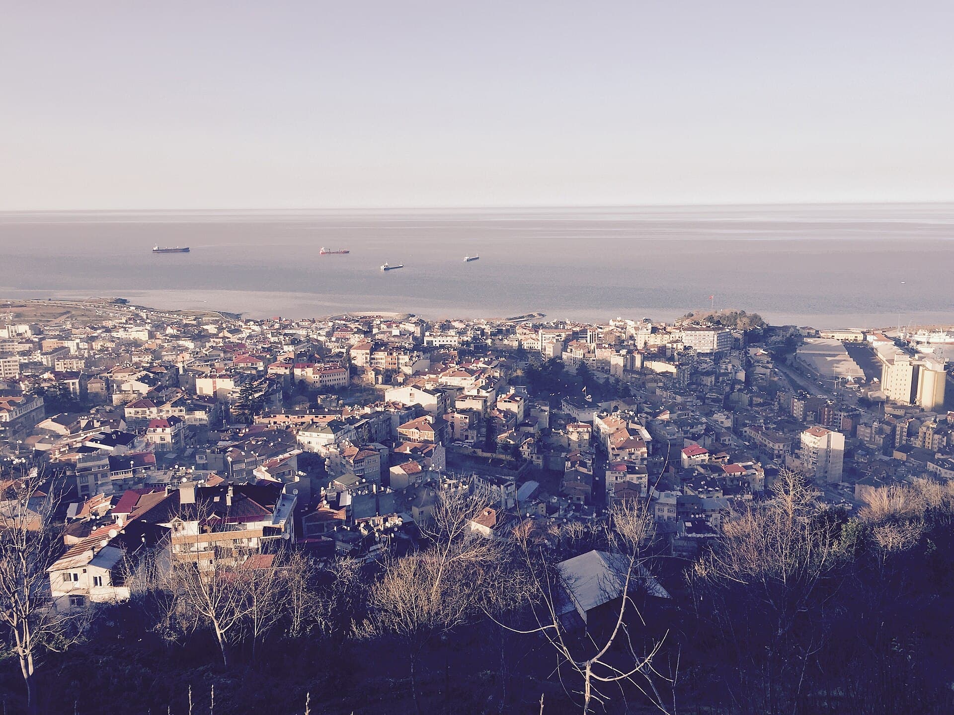 Trabzon's coastline and harbour seen from the Boztepe hillside above the city.