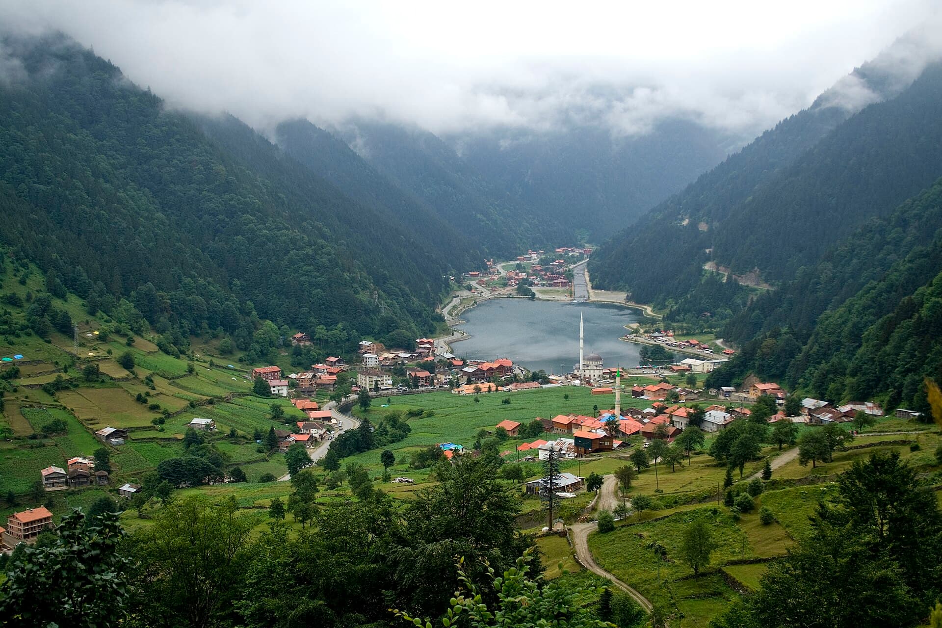 Aerial view of Uzungöl lake and village nestled among misty forested mountains.